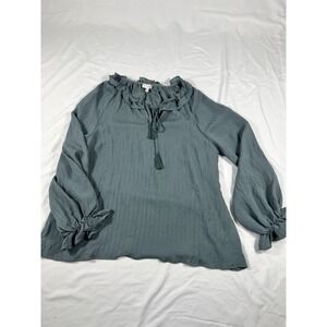 L Love Women's Peasant Blouse Medium Teal Ruffle Neck Tassel Tie Long Sleeve Top